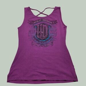 Harley-Davidson Womens Magenta Purple Graphic Tank Top Criss Cross Neck Y2K Sz M